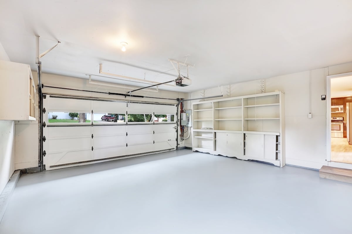 Empty garage interior in American house. Northwest, USA