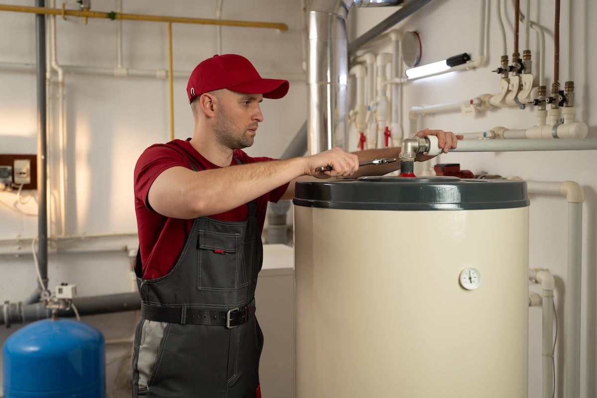 A man wearing a red shirt is shown fixing a water heater. He carefully inspects the heater, troubleshoots the issue, and repairs it efficiently.
