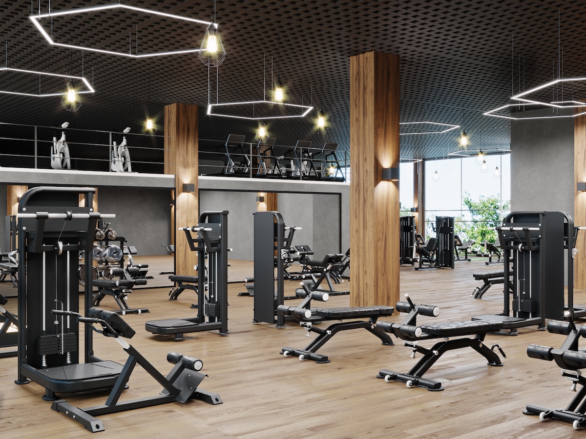 Modern gym interior with sport and fitness equipment, fitness center inteior, inteior of crossfit and workout gym, 3d rendering