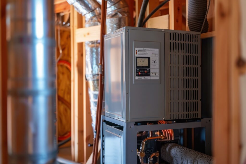 what size furnace do I need Brand new energy efficient heat pump being installed in a residential home