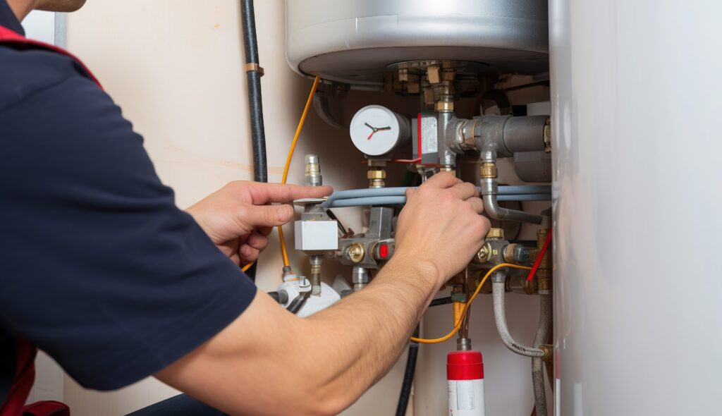 Hydraulic mechanic installer repairs an electric water heater in a house