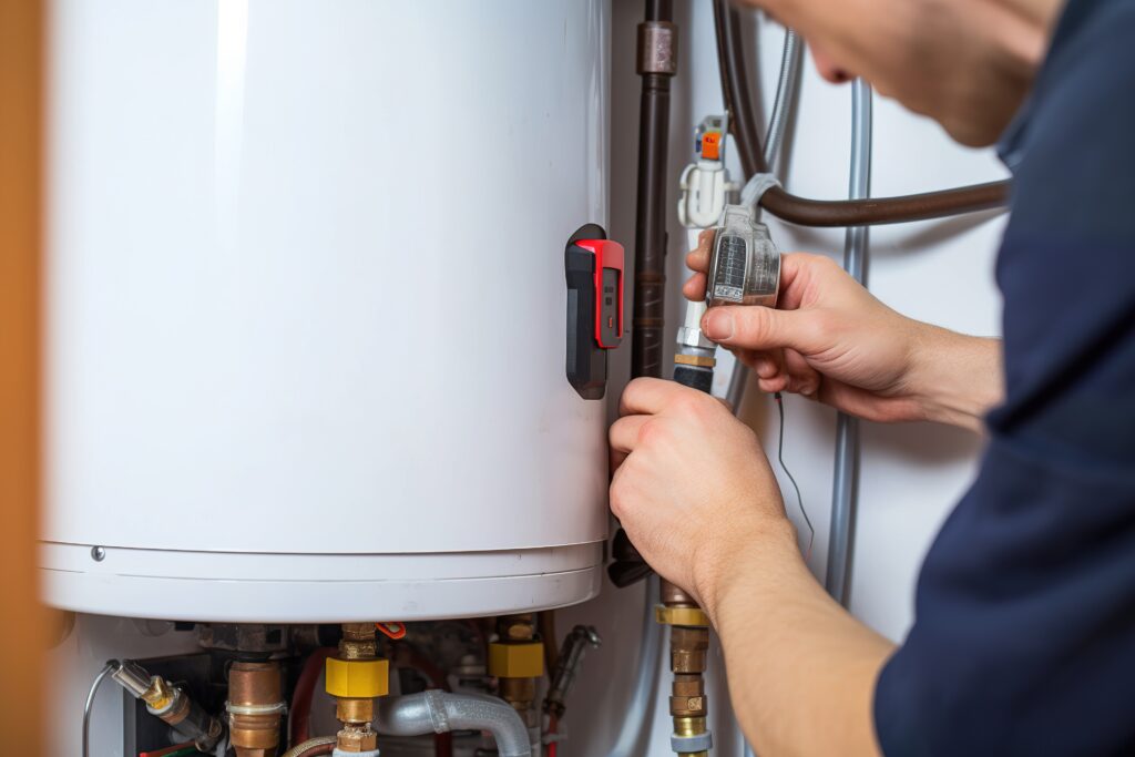 gas vs electric water heater Hydraulic mechanic installer repairs an electric water heater in a house