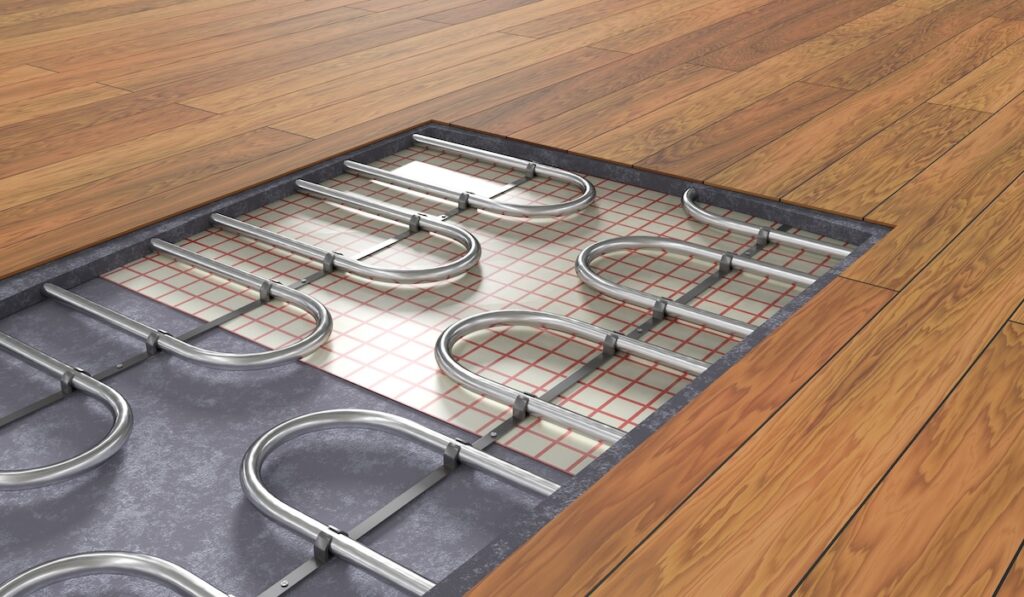 floor heating systems Process of laying laminate panels on floor with underfloor heating, 3d illustration