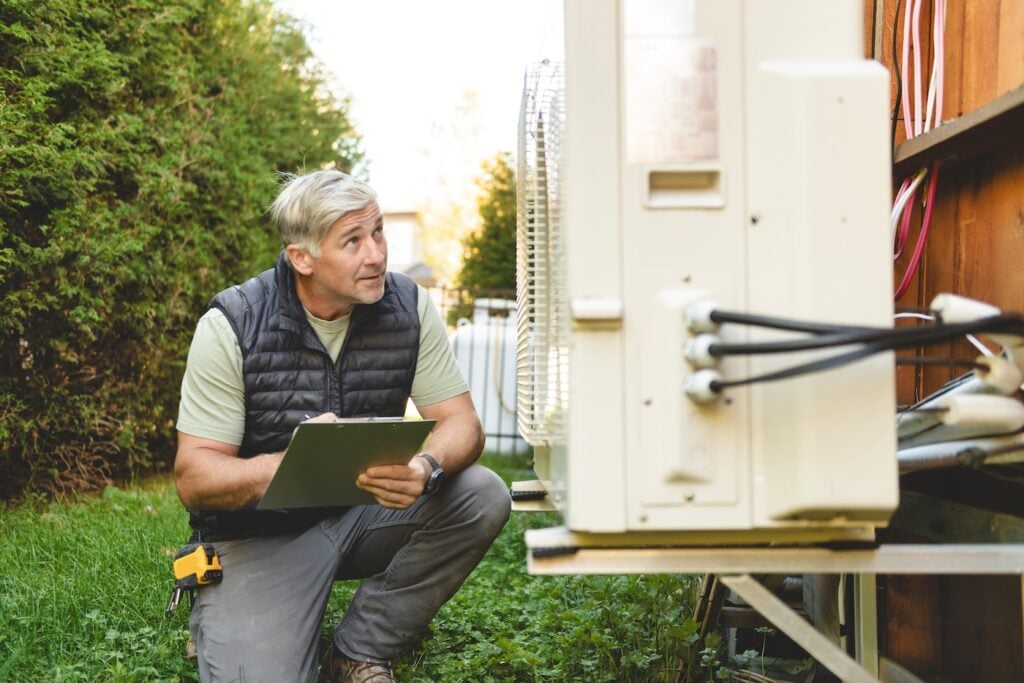 A technician working on air conditioning or heat pump outdoor unit