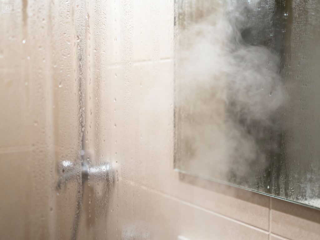 A bathroom mirror is covered in condensation 