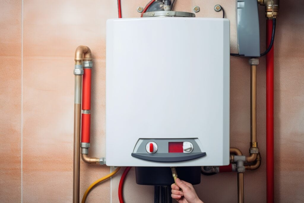 Hydraulic mechanic installer repairs gas water heater in a house
